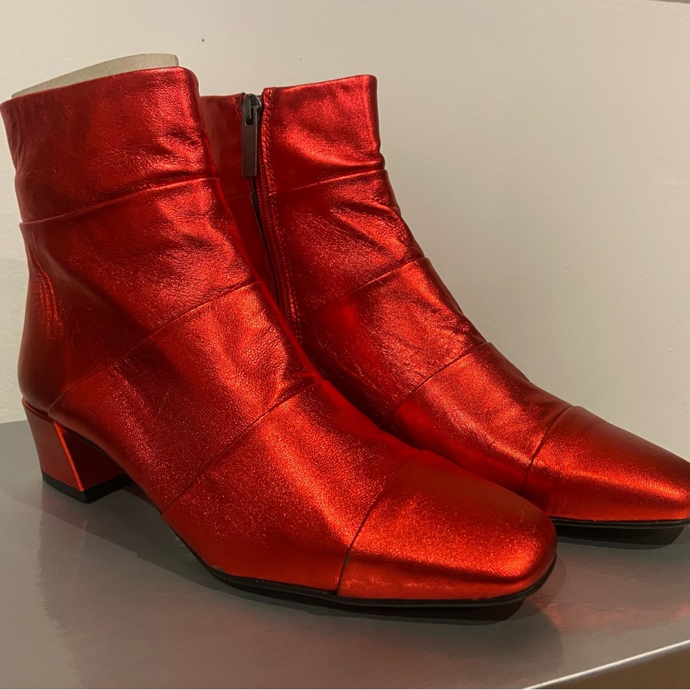 Vibrant Red Metallic Leather Crosswalk Ankle Boots with Block Heel